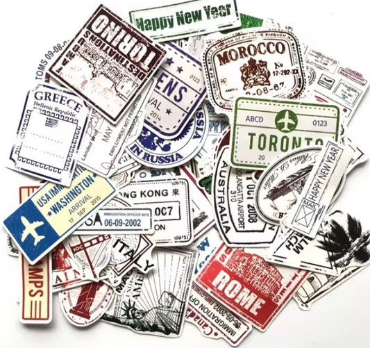 Retro Travel Stamp Stickers: 50-Piece Suitcase & Journal Decor Pack